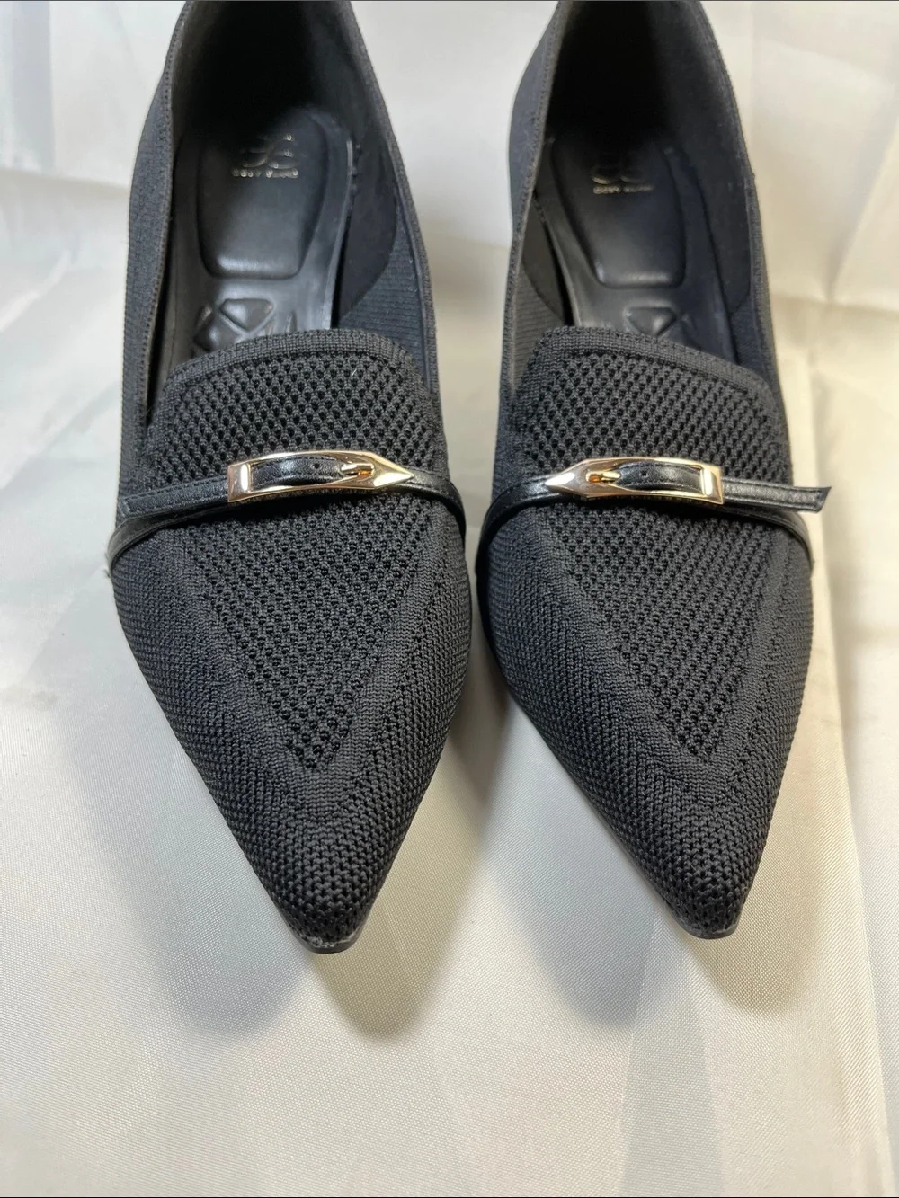 Pointed Black Knit Loafers with Gold Buckle